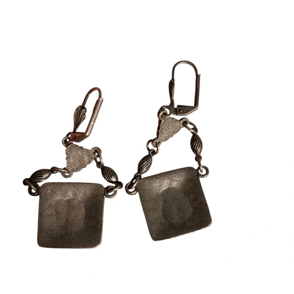 Vintage Silver Tan Enamel Turquoise Dangle earrings Gives Native Boho Western